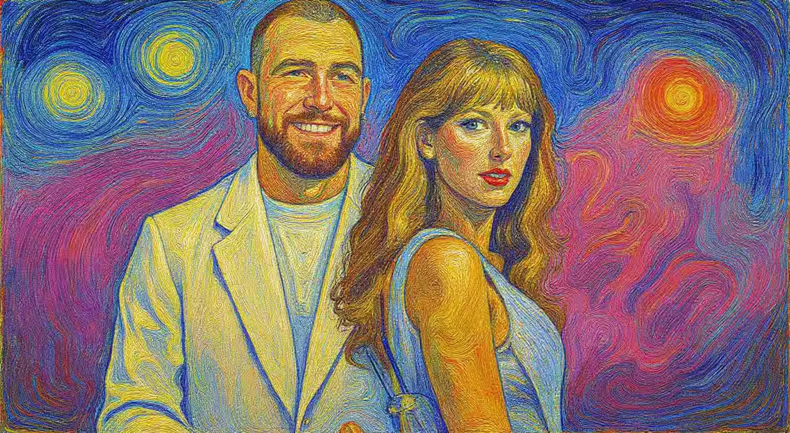 Taylor Swift, Travis Kelce, Van-gogh style painting