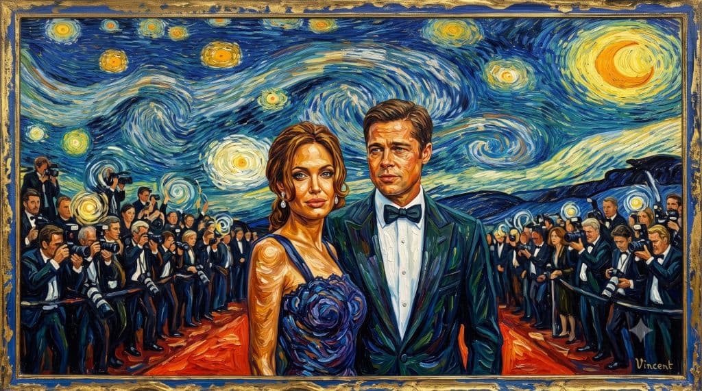Van Gogh Starry Night style oil painting of Brad Pitt and Angelina Jolie on a red carpet surrounded by paparazzi.